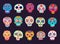 Cartoon mexican calavera sugar skulls, vector set