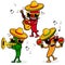 Cartoon Mexican mariachi chili peppers, playing music. Vector illustration