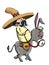 Cartoon Mexican wearing a sombrero riding a donkey