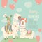 Cartoon mexican white alpaca llamas couple with hearts balloons. Happy Valentines day