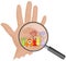 Cartoon microbes peek out from a magnifying lens. Hand with viruses