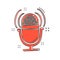 Cartoon microphone icon in comic style. Mic illustration pictogram. Mike sign splash business concept.