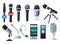 Cartoon microphones. Vintage vocal mic, interview audio recording dictaphone and music studio equipment vector set