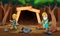 Cartoon mine entrance with gold miner worker