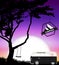 Cartoon Minibus in Nature a Tree Silhouette. Vector Illustration