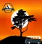 Cartoon Minibus in Nature a Tree Silhouette. Vector Illustration