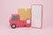 Cartoon minimal delivery truck loaded with a cardboard box and smartphone cargo box logistics