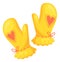 Cartoon mitten pair. Yellow wool gloves with hearts