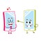 Cartoon mobile phone characters, one showing love, another pointing, laughing