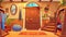 Cartoon modern home corridor hall interior with closet and hanger, pouf and mirror, clothes and shoes, and arch with