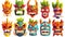 Cartoon modern illustration of tiki masks, tribal wooden totems, ornate palm leaves on white background, with Hawaiian