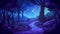 Cartoon modern landscape of woodland path at night. Tree silhouette in dark blue landscape. Fantasy and mysterious dusk