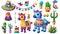 Cartoon modern patches with Mexican pinata donkey, colorful toy with treats, cactus, maracas, sombrero and flag garland