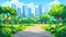 This is a cartoon modern urban landscape of summer time with a garden and a road in downtown. There is a large park with