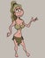 Cartoon modern woman in loincloth smiling pointing hand