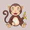 Cartoon monkey child is sitting sweetly smiling holding a banana