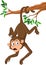 Cartoon monkey hanging on the tree branch with his tail