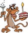 Cartoon monkey holding a birthday cake with one hand and a glass full of champagne with other, celebrating birthday