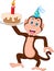 Cartoon monkey  with a tart cake and wearing a party hat