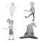 Cartoon monochrome halloween symbols set.