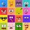 Cartoon monster face. Emoji. Cute emoticons. Square colorful avatars