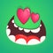 Cartoon monster face in love with a heart shaped eyes. Vector Halloween green zombie monster avatar for St. Valentine`s Day.