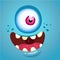 Cartoon monster face. Vector Halloween blue monster with one eye.