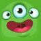 Cartoon monster face. Vector Halloween green monster avatar with three eyes smile.