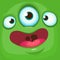 Cartoon monster face. Vector Halloween green monster avatar with three eyes smile