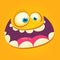 Cartoon monster face. Vector Halloween orange cool monster avatar with wide smile. Cartoon funny goblin or troll