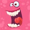Cartoon monster face . Vector Halloween pink happy monster square avatar. Funny monster mask.