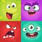 Cartoon monster faces set. Vector set of four Halloween monster faces with different expressions. Children book illustrations