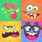 Cartoon monster faces set. Vector set of four Halloween monster faces with different expressions. Children book illustrations