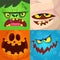 Cartoon monster faces vector set. Cute square avatars and icons. Monster, pumpkin face, mummy, zombie.