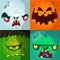 Cartoon monster faces vector set. Cute square avatars and icons. Monster, pumpkin face, vampire, zombie.