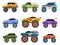 Cartoon monster trucks, extreme offroad race cars. Monstertruck vehicle with flames. Flat children toy truck with big