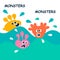 Cartoon monsters swim in the sea. Colorful vector illustration