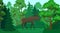 Cartoon moose in forest landscape. Deer silhouette in woods, green forests trees vector illustration