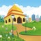 Cartoon mosque with nature and city landscape