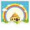 Cartoon mosque with rainbow on the sky and cloud