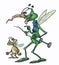 Cartoon mosquito and a fly holding a syringe in his hands vector