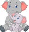 Cartoon mother and baby elephant sitting isolated on white background