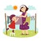 Cartoon of mother and daughter hanging the laundry on the backyard. Kids doing housework chores at home