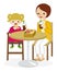 Cartoon Mother and Daughter have a lunch with a cafe table