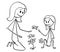 Cartoon of Mother and Daughter Watching Flowers and Butterflies