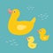 Cartoon mother duck swimming in the pond with ducklings. Rubber duck family swimming in the bath. Mothers Day concept