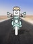 Cartoon motorbike rider facing us, alone on a desert road photo