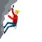 Cartoon mountain climbing man with equipment mid climb on a grey cliff rock.