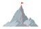 Cartoon mountain peak climbing progress. Dotted route with red flag on top, rocky range hiking trip to mountains top flat vector