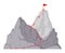 Cartoon mountain peak route. Rocky range climbing progress, hiking trip to mountains top, dotted route with red flag on top flat